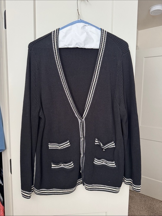 Talbots Sweaters - Talbots Black V‑Neck Knit Cardigan with White Trim